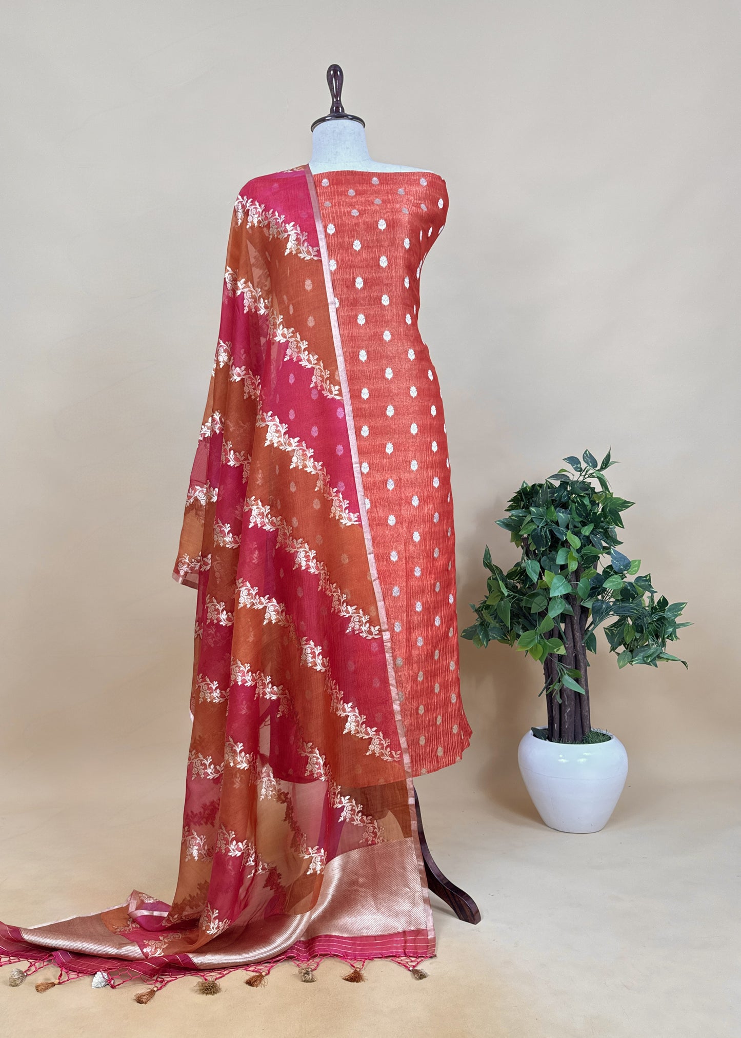 Luxe Chocolate Red Handloom Crushed Tissue Silk kurta and Rangkat Kora Silk Dupatta