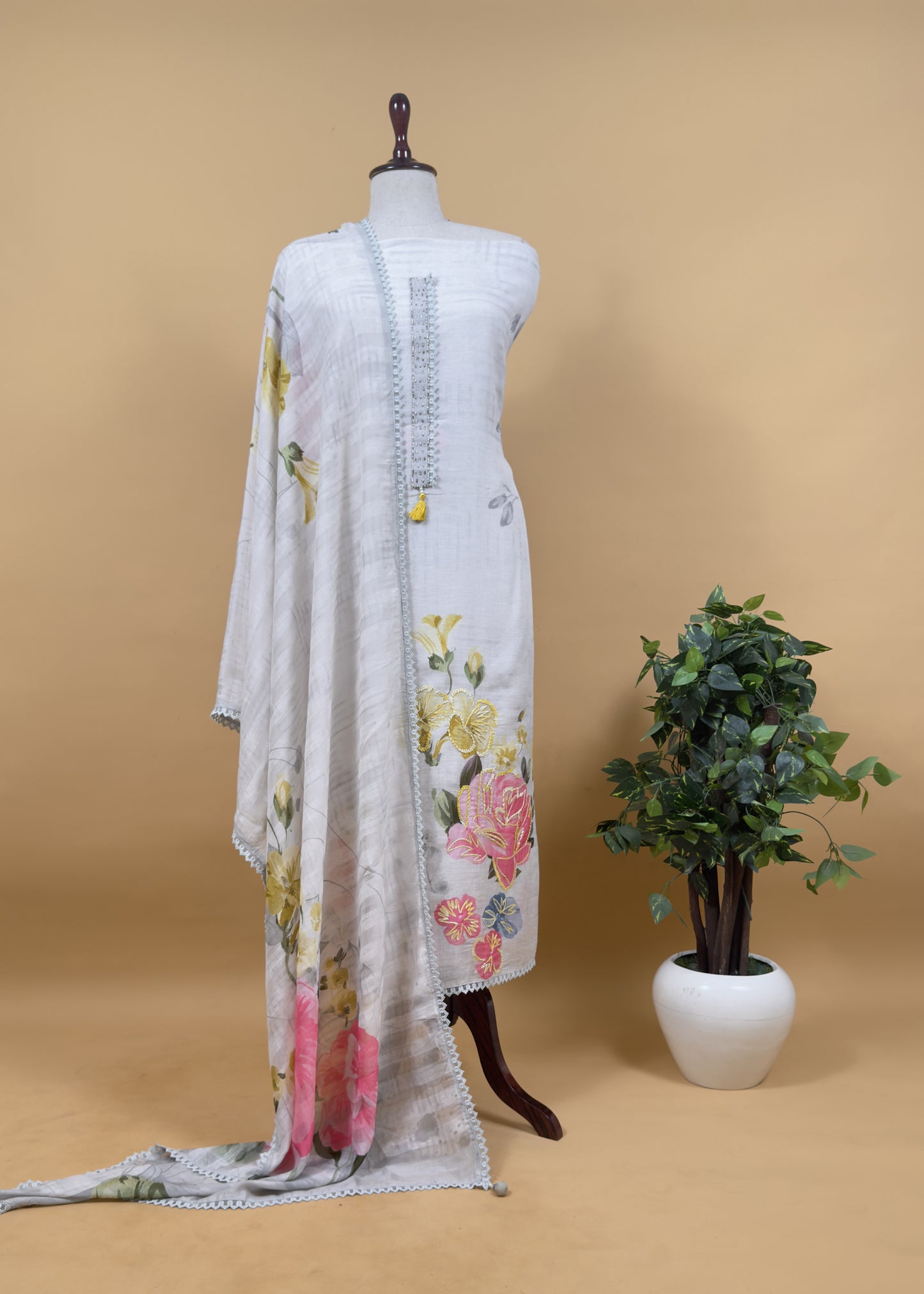 Blue Pure Cotton Suit With Thread Embroidered Flowers