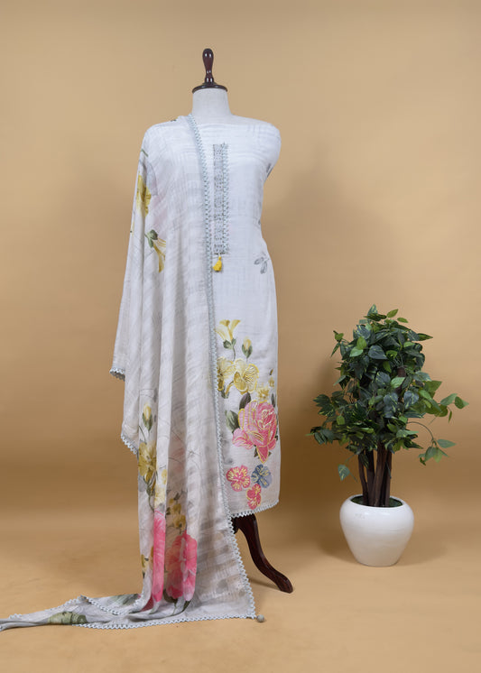 White Pure Cotton Suit With Thread Embroidered Flowers