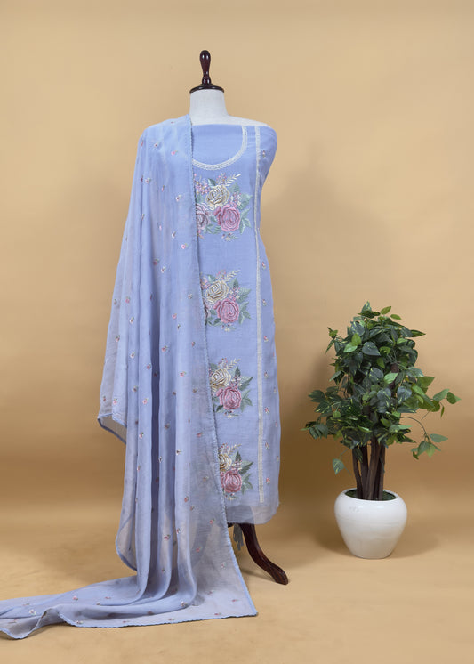 Kalasheel Luxe Flamingo Light Steel Blue Handwoven Mul Suit Fabric With French Roses Embroidery