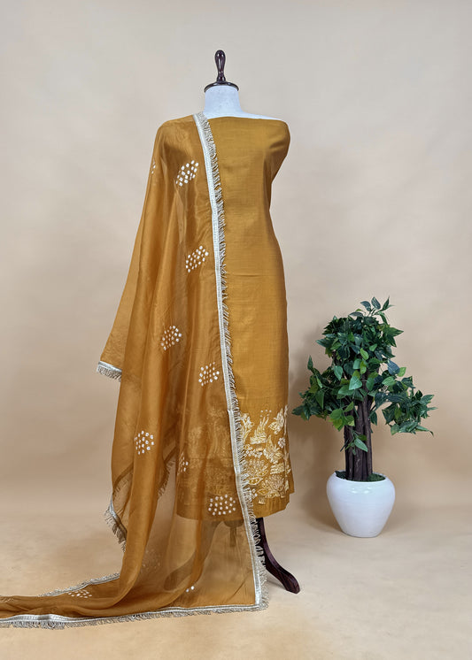 Jhilmil Light caramel Pure Chiniya Silk Kurta and Tissue Silk dupatta with Handwork