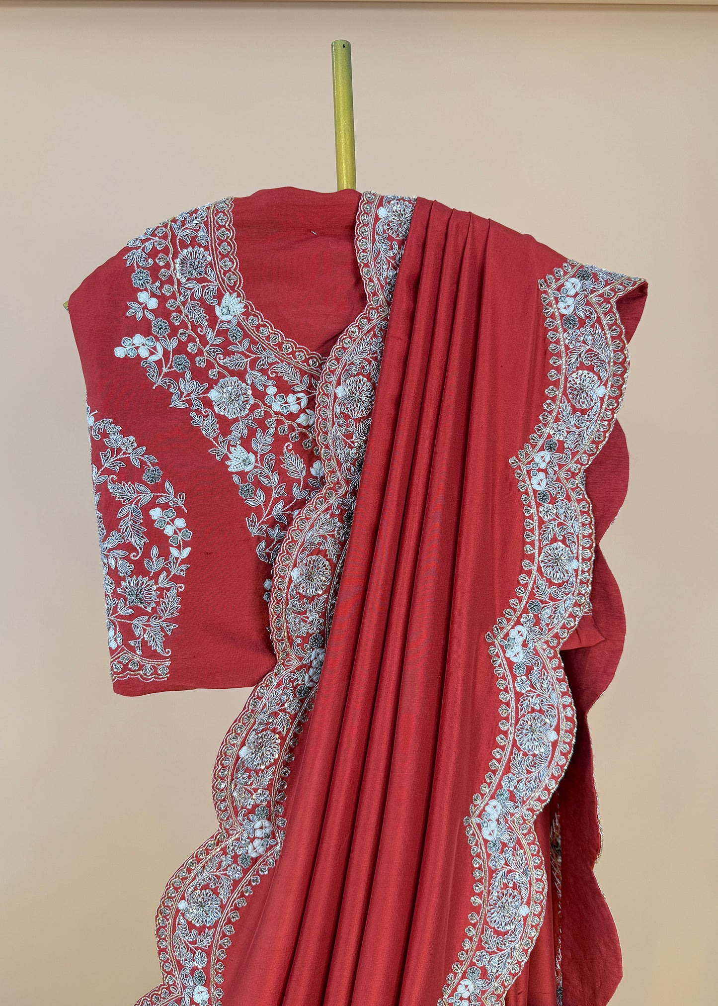Reddish Brown Handloom Dupion Silk Saree With Zardosi Handwork