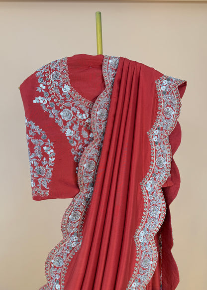 Reddish Brown Handloom Dupion Silk Saree With Zardosi Handwork