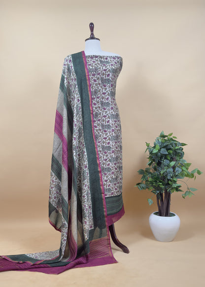 Off White With Green Handloom Maheshwari Silk Suit With Pichwai Print And Kantha Work