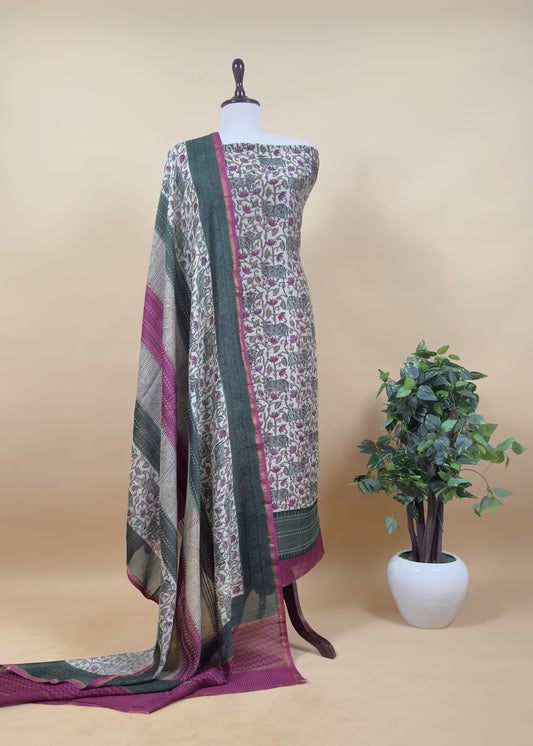 Off White With Wine Handloom Maheshwari Silk Suit With Pichwai Print And Kantha Work