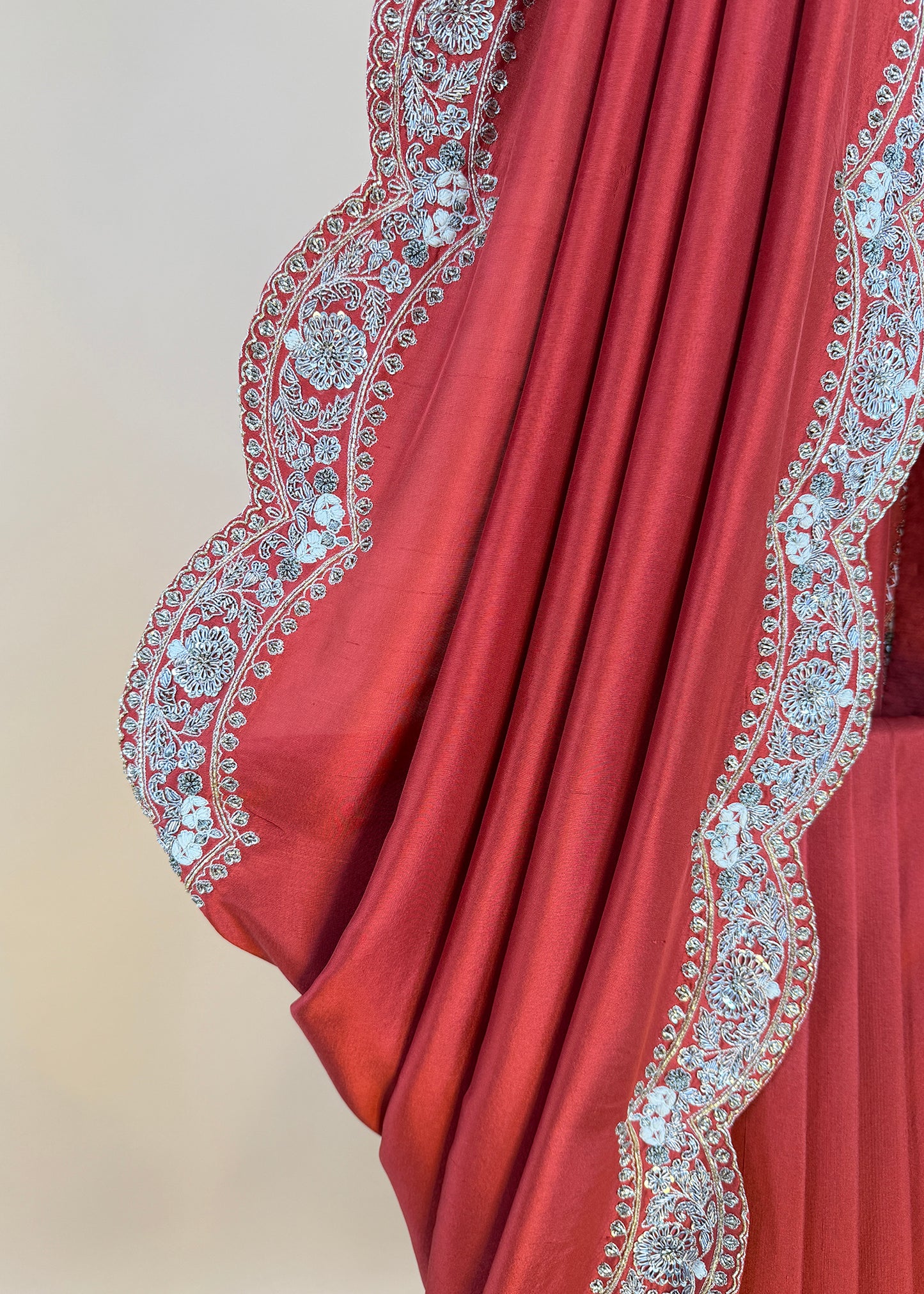 Reddish Brown Handloom Dupion Silk Saree With Zardosi Handwork