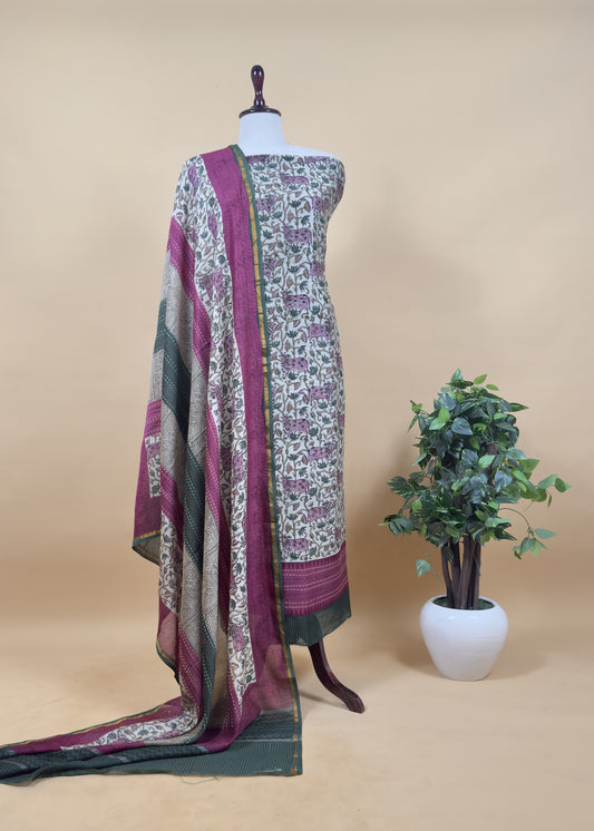 Off White With Green Handloom Maheshwari Silk Suit With Pichwai Print And Kantha Work