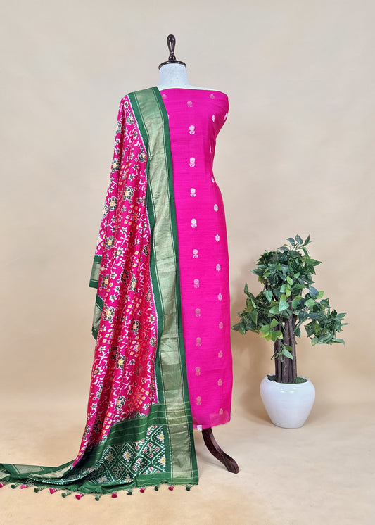 Luxe Bright Pink Handloom Silk Kurta And Ikkat Woven Dupatta