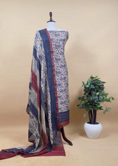 Off White With Green Handloom Maheshwari Silk Suit With Pichwai Print And Kantha Work
