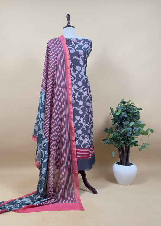 Charcoal Grey And Coral Red Pure Maheshwari Silk Suit
