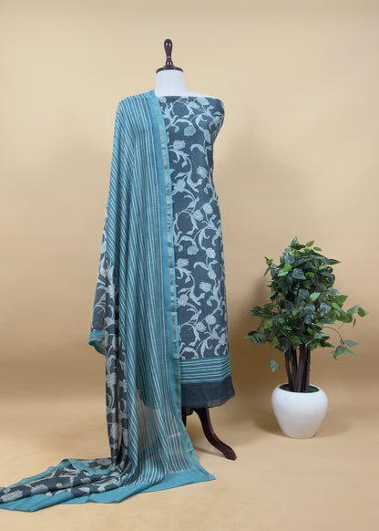 Charcoal Grey And Firozi Pure Maheshwari Silk Suit