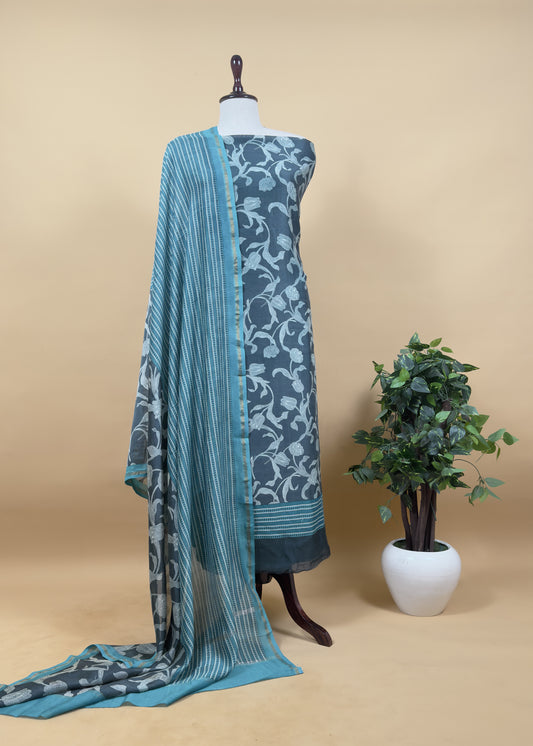 Charcoal Grey And Firozi Pure Maheshwari Silk Suit