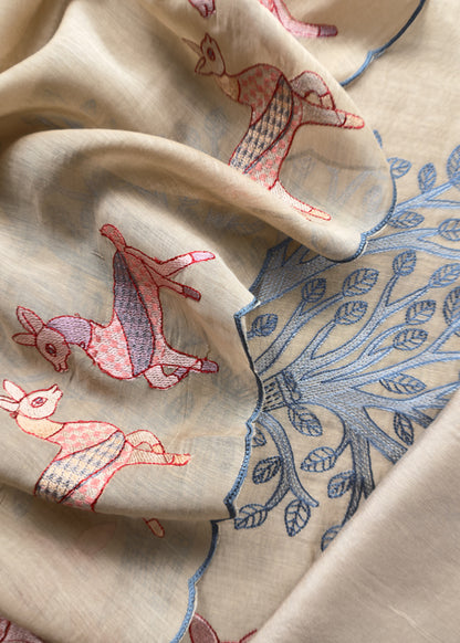 Beige Pure Mulmul Unstitched fabric with Warli art appliqué work