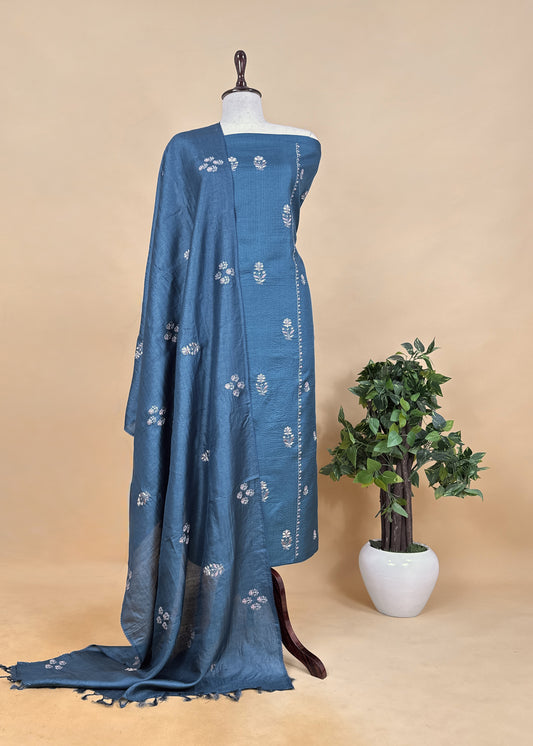 Sahiba 2025 Sangria Blue Pintuck Handloom Desi Tussar Suit with Zardosi and Resham Embroidery