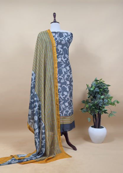 Charcoal Grey And Firozi Pure Maheshwari Silk Suit