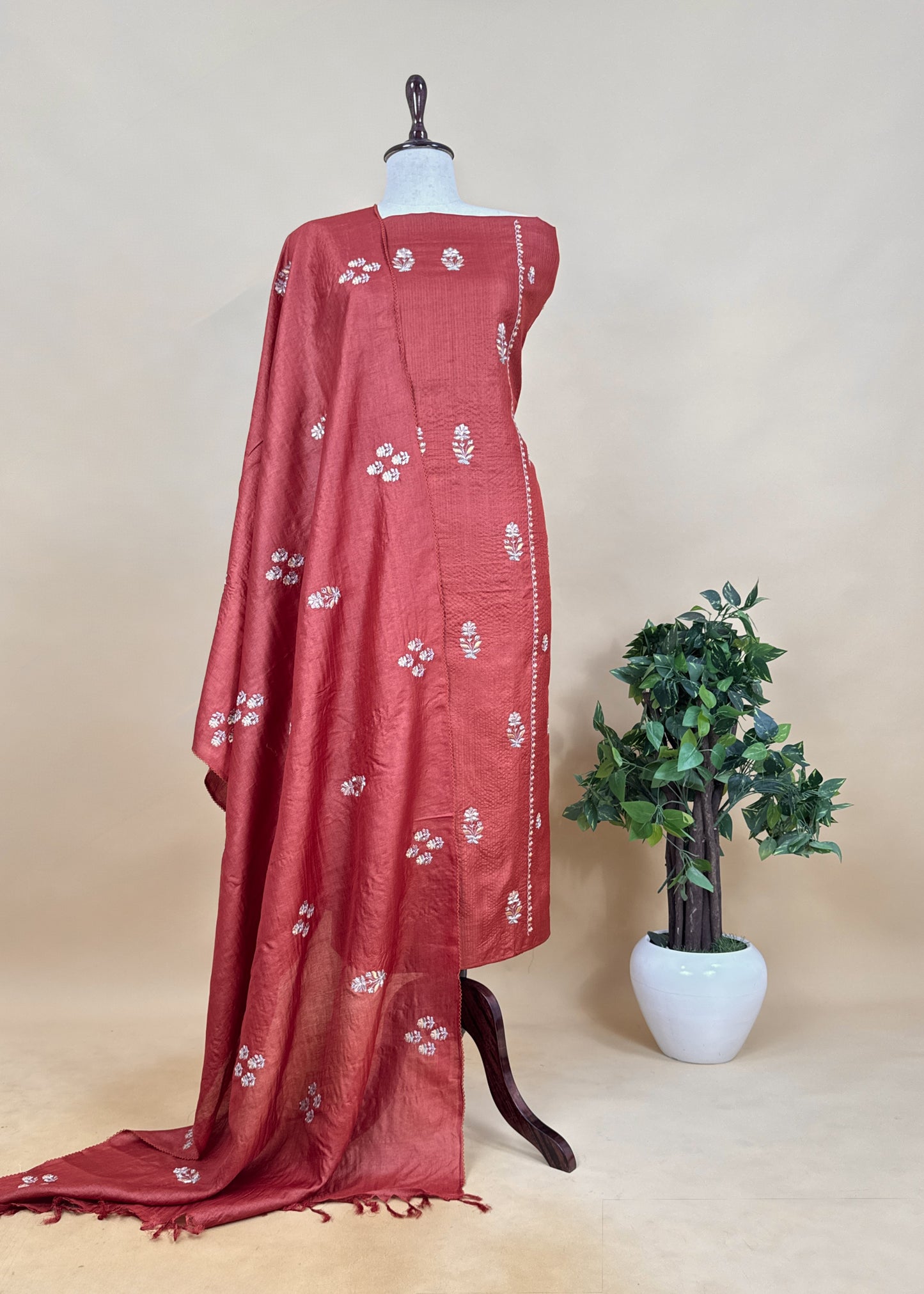 Sahiba 2025 Sangria Rust Pintuck Handloom Desi Tussar Suit with Zardosi and Resham Embroidery