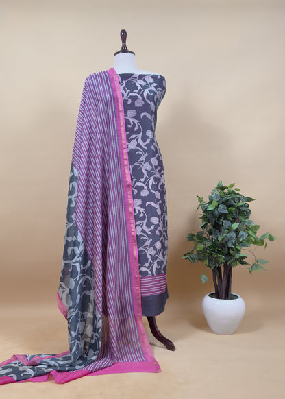 Charcoal Grey And Firozi Pure Maheshwari Silk Suit