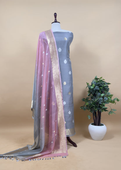 Afreen Grey Pink Handloom Kora Silk Suit Fabric With Kadwa Weaves