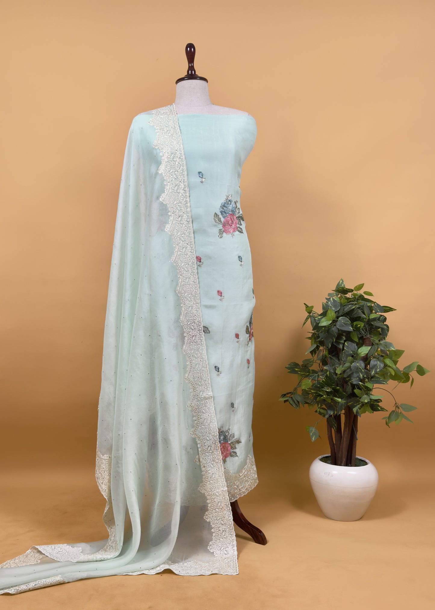 Gulbahar Kalasheel Luxe Powder Blue Handloom Organza Silk Suit With Resham Embroidery