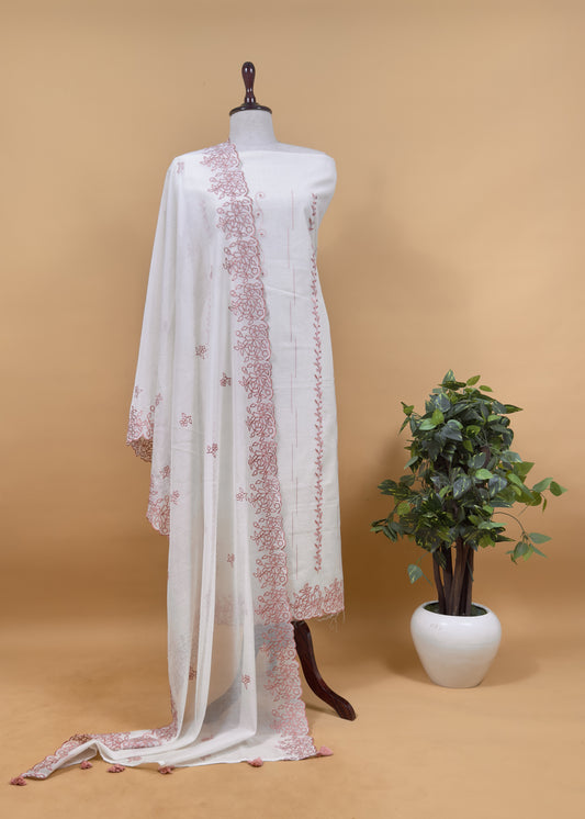 Peach And White Mul Chanderi Suit With Embroidery