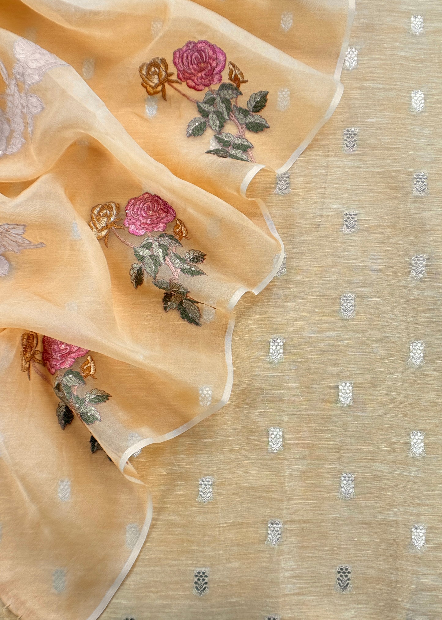 Pastel Yellow Banarasi Linen Unstitched Suit With Organza Dupatta
