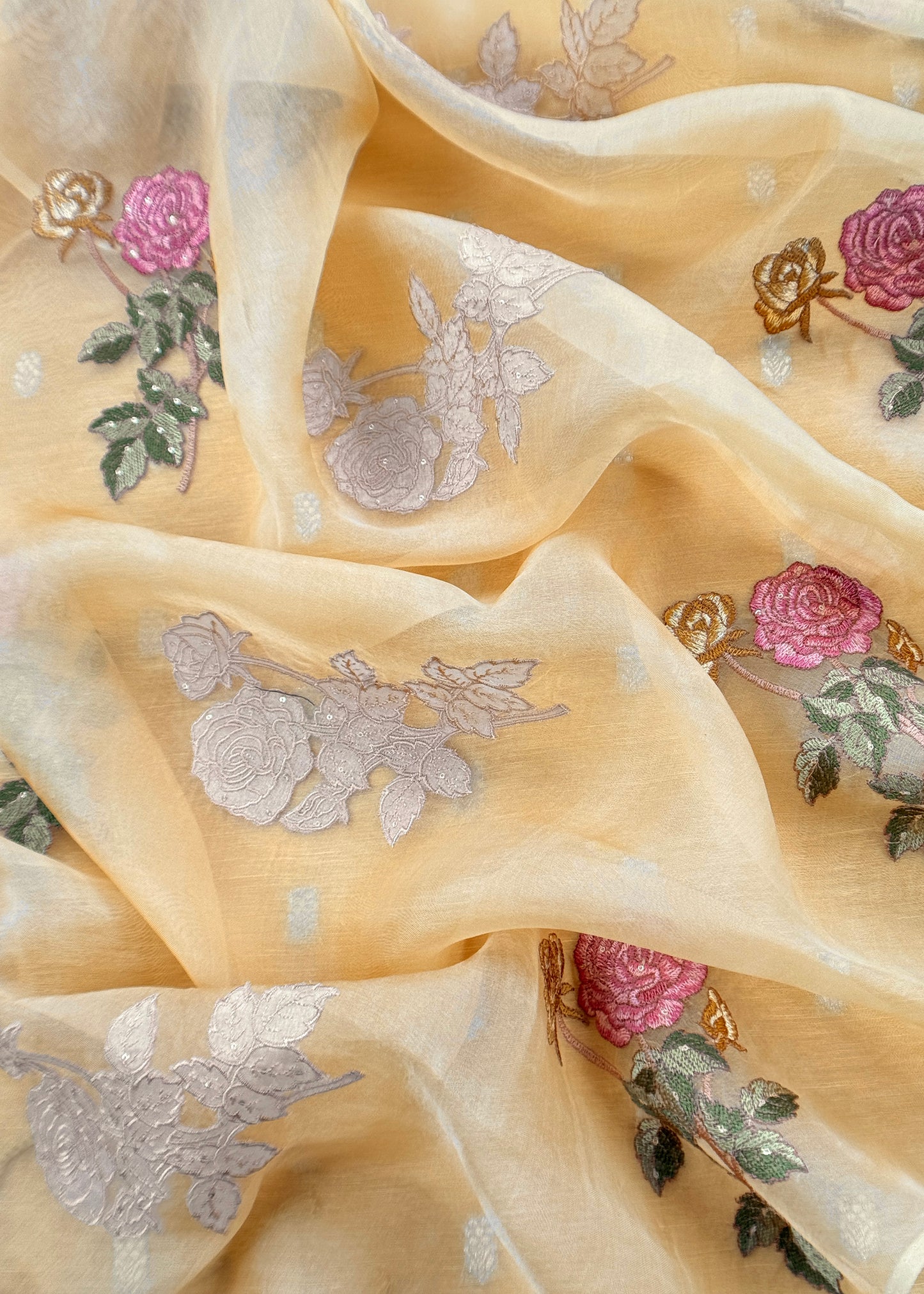Pastel Yellow Banarasi Linen Unstitched Suit With Organza Dupatta