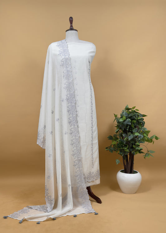 Grey And White Mul Chanderi Suit With Embroidery