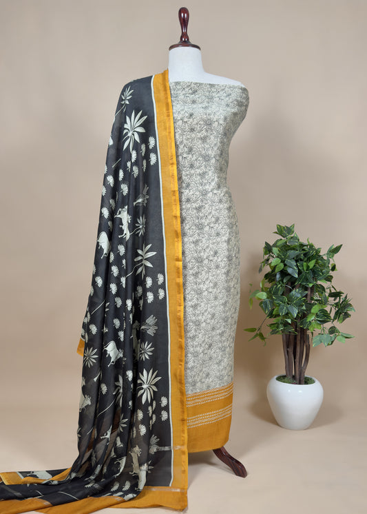 Off White With Yellow Maheshwari Silk Suit With Black Pichwai Dupatta