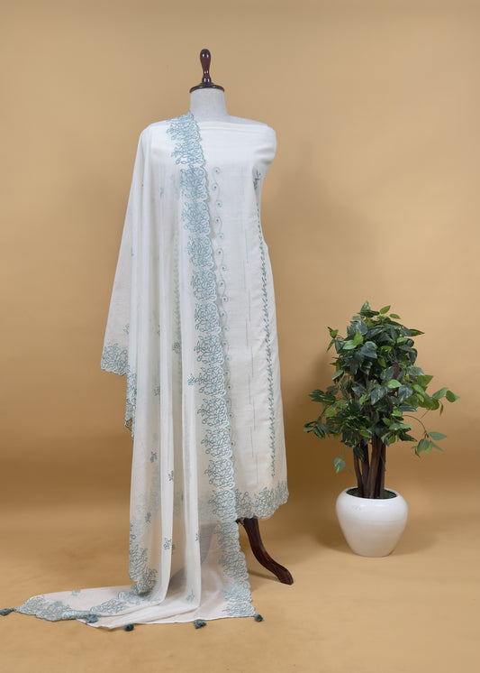 Turquoise And White Mul Chanderi Suit With Embroidery