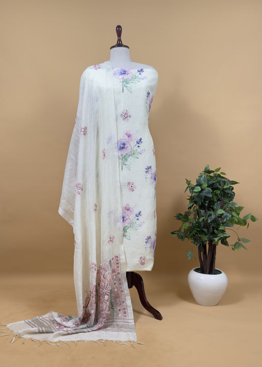 Handloom Linen Silk Suit With Brush Print And Kutch Hand Embroidery