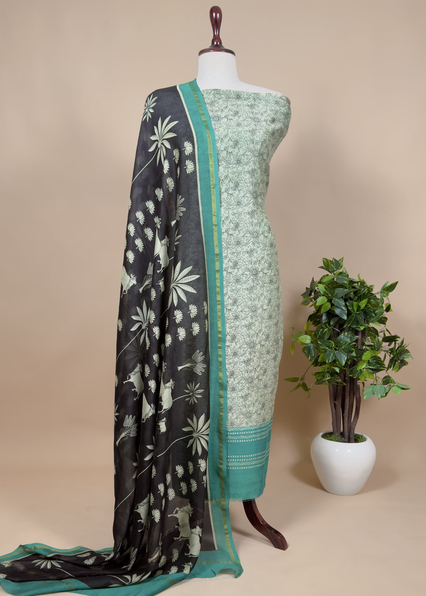 Off White With Green Maheshwari Silk Suit With Black Pichwai Dupatta