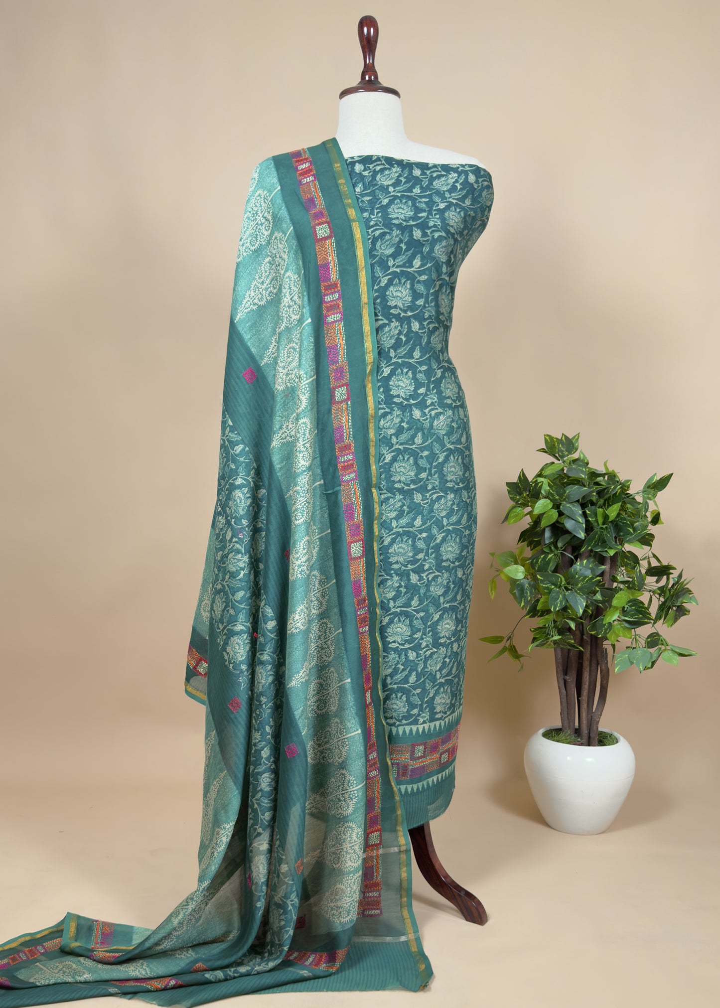 Block Print Handloom Maheshwari Silk Unstitched Dupatta-Suit With Kantha Embroidery