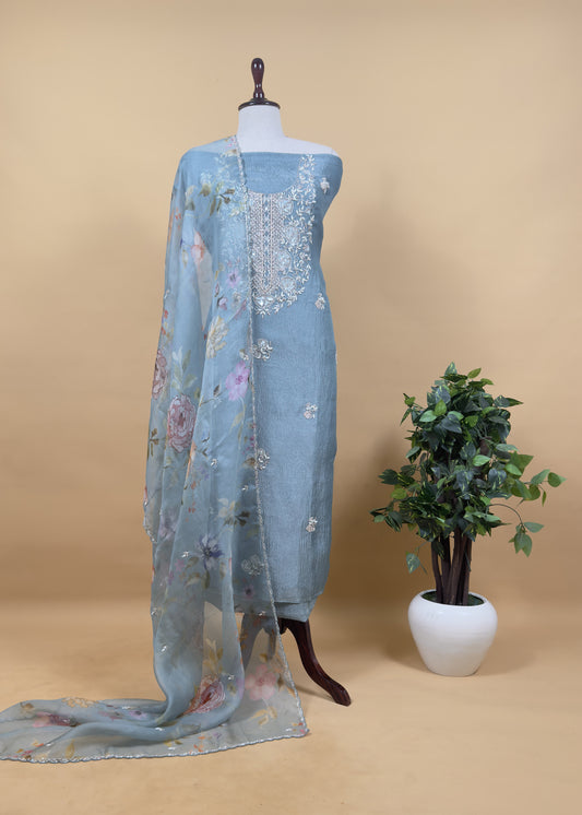 Cool Blue Pure Crushed Tissue Silk kurta And Floral Organza Dupatta With Handwork