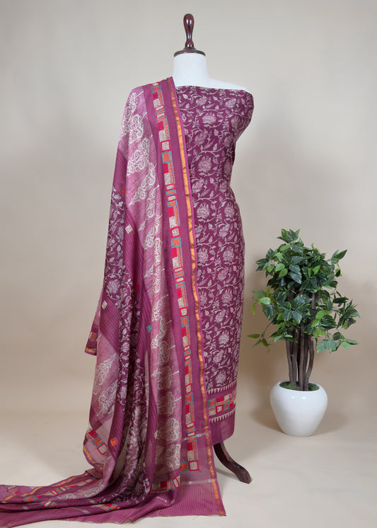 Block Print Handloom Maheshwari Silk Unstitched Dupatta-Suit With Kantha Embroidery