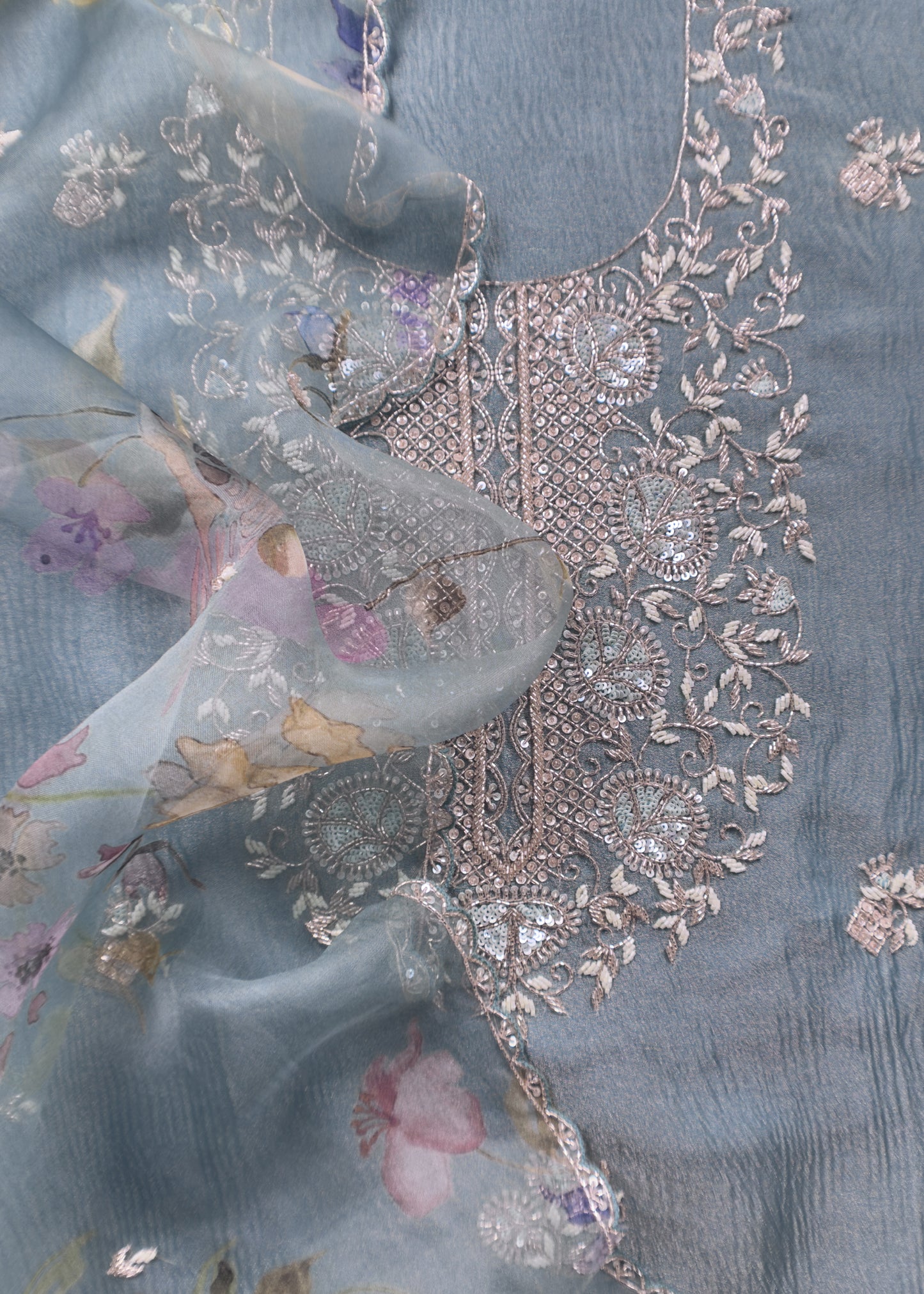 Cool Blue Pure Crushed Tissue Silk kurta And Floral Organza Dupatta With Handwork