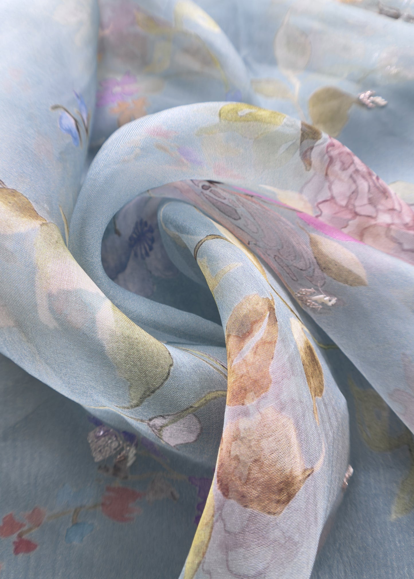 Cool Blue Pure Crushed Tissue Silk kurta And Floral Organza Dupatta With Handwork