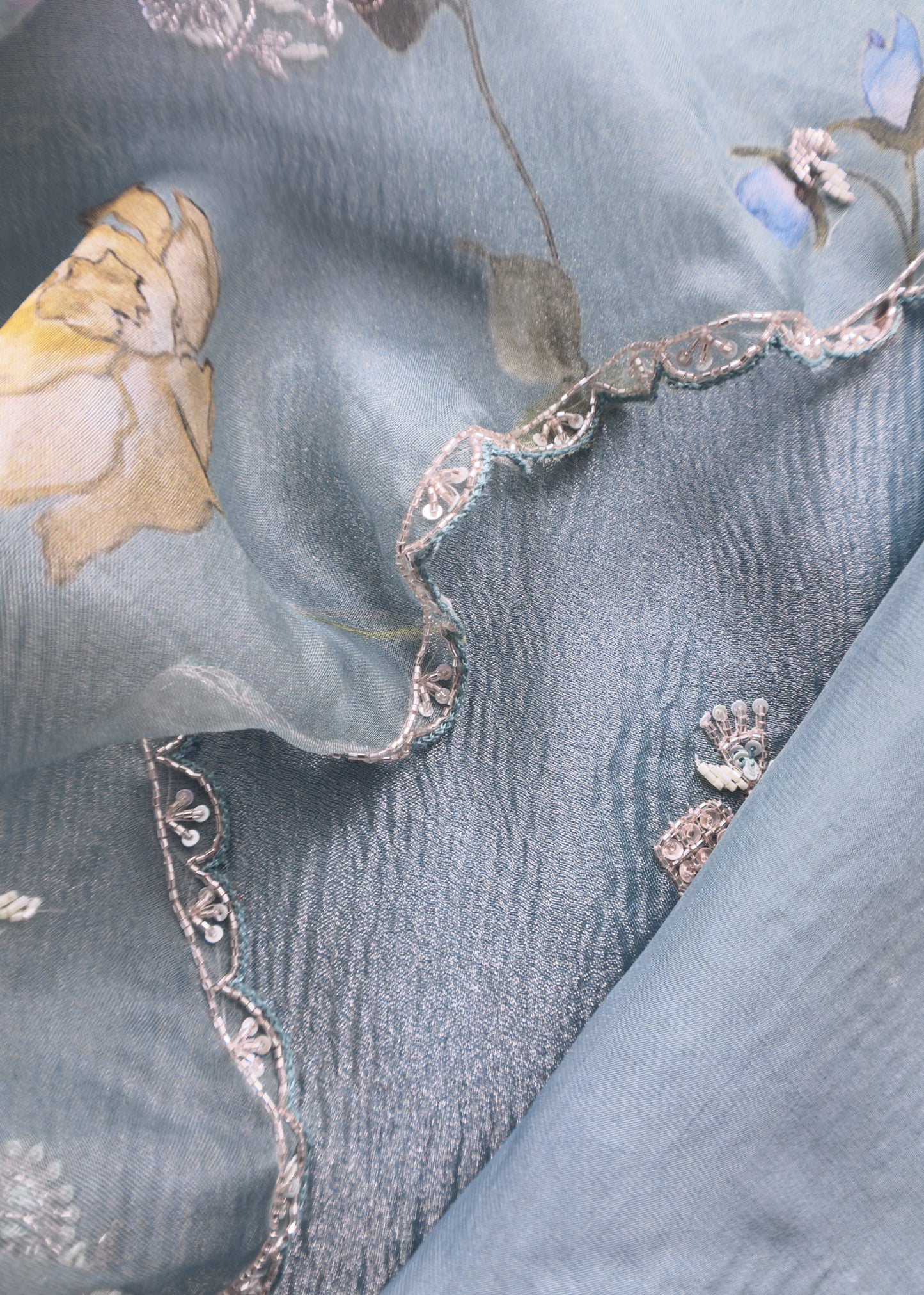 Cool Blue Pure Crushed Tissue Silk kurta And Floral Organza Dupatta With Handwork