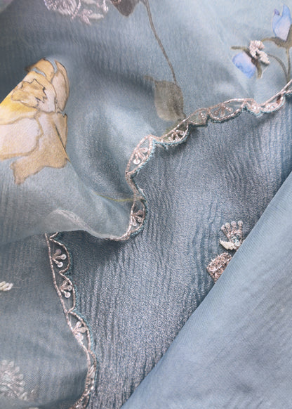 Cool Blue Pure Crushed Tissue Silk kurta And Floral Organza Dupatta With Handwork