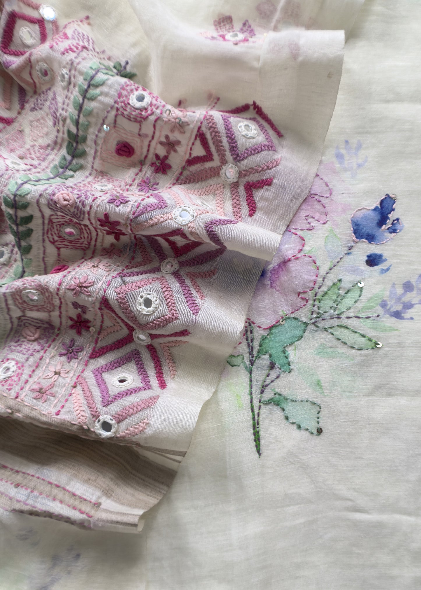 Handloom Linen Silk Suit With Brush Print And Kutch Hand Embroidery
