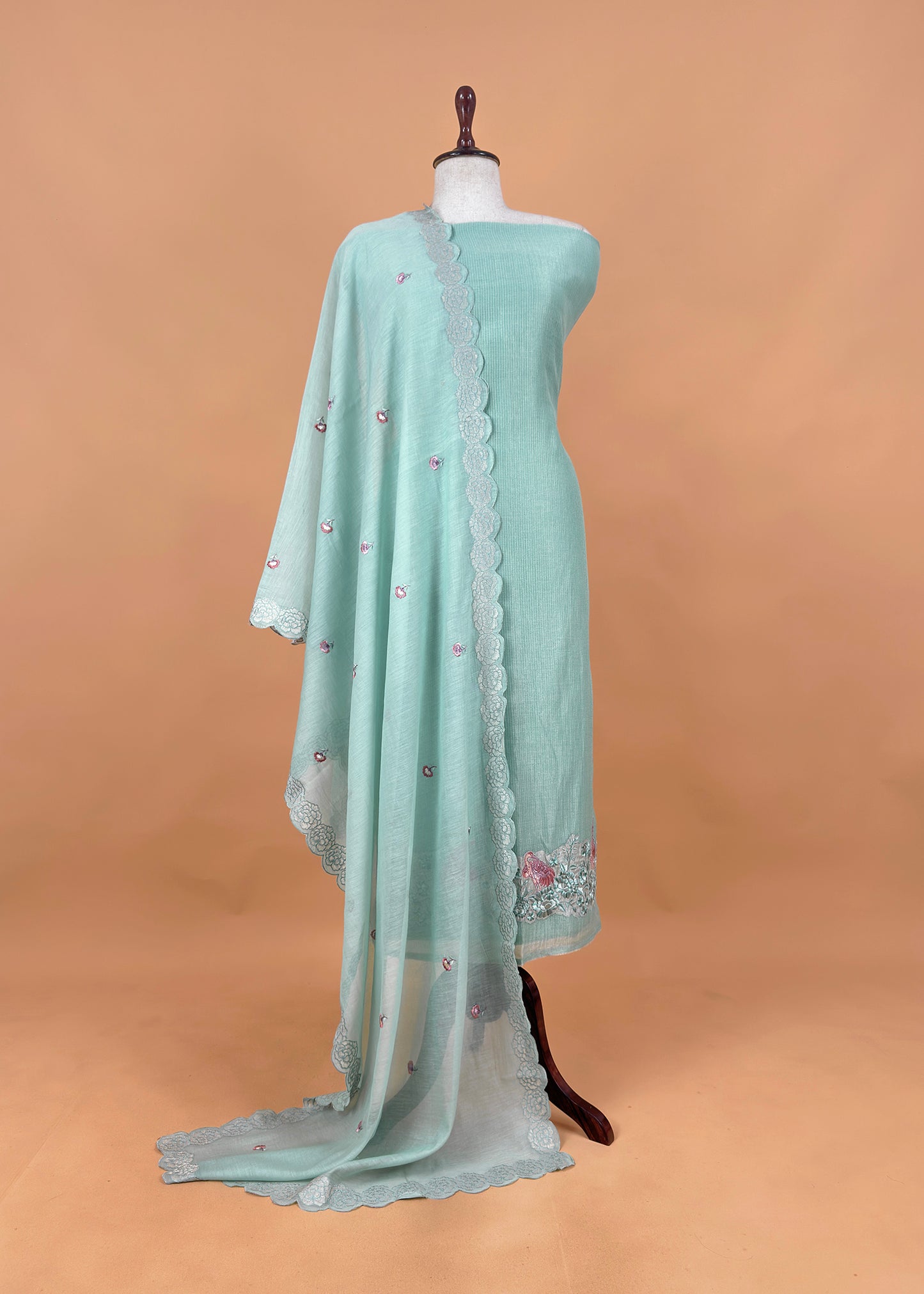 Sea Green Flamingo Mulmul Tissue Unstitched Suit Fabric With Appliqué Work