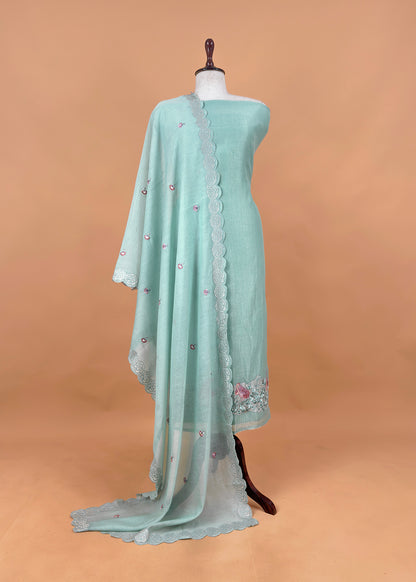 Sea Green Flamingo Mulmul Tissue Unstitched Suit Fabric With Appliqué Work