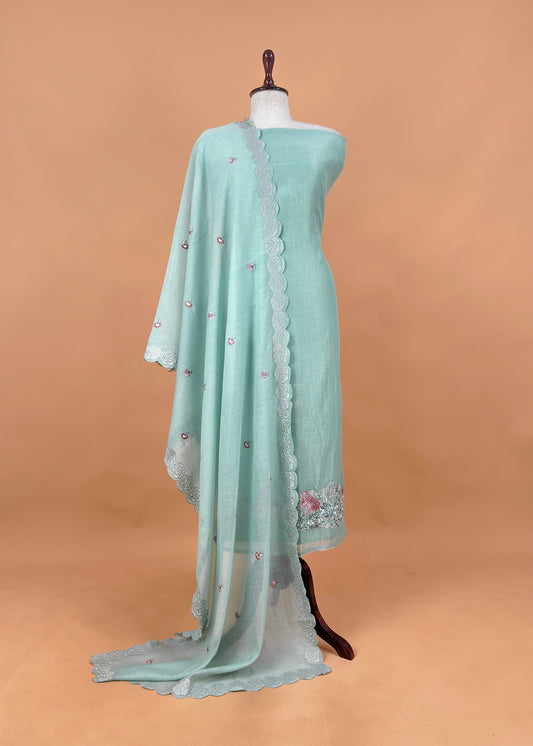 Sea Green Flamingo Mulmul Tissue Unstitched Suit Fabric With Appliqué Work