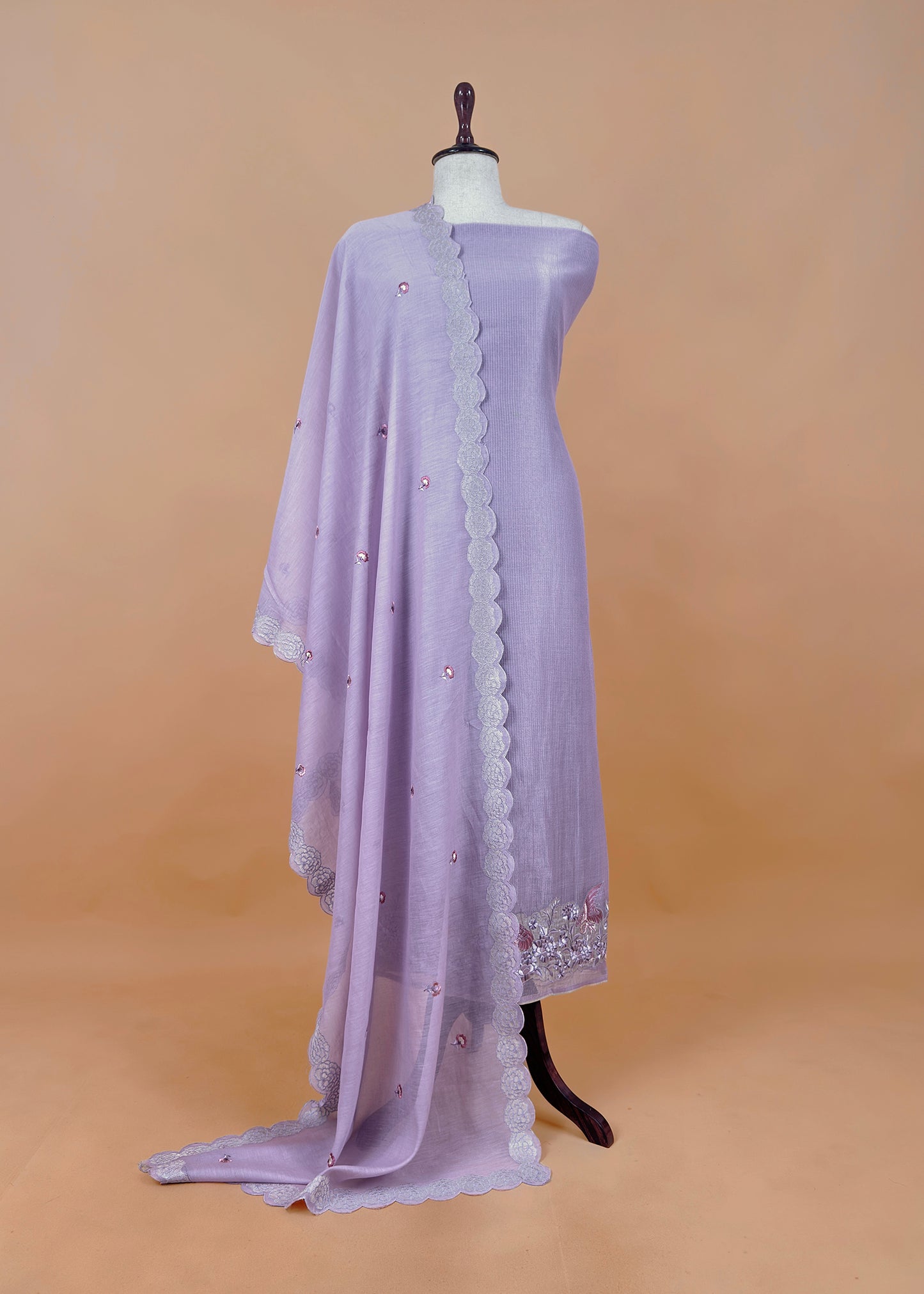 Lavender Flamingo Mulmul Tissue Unstitched Suit Fabric With Appliqué Work