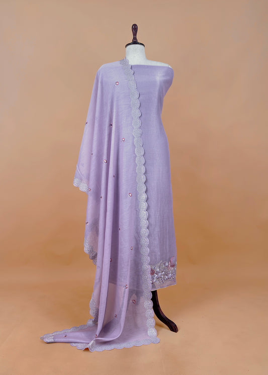 Lavender Flamingo Mulmul Tissue Unstitched Suit Fabric With Appliqué Work