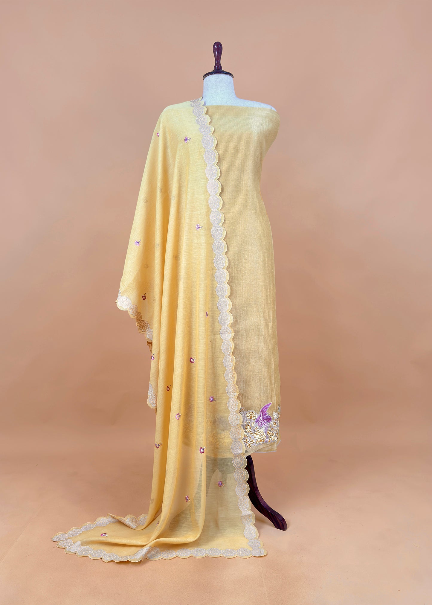 Light Yellow Flamingo Mulmul Tissue Unstitched Suit Fabric With Appliqué work