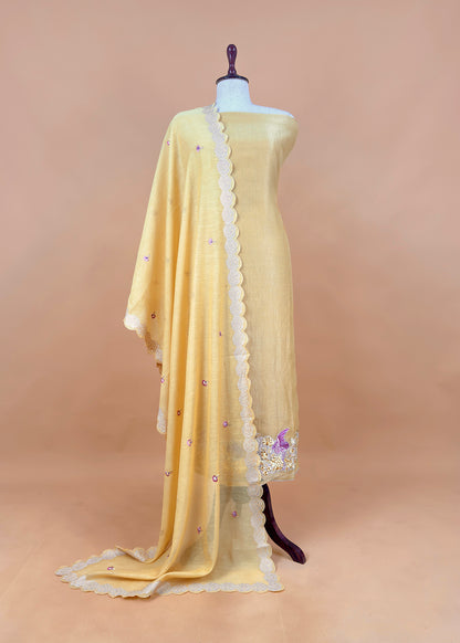 Light Yellow Flamingo Mulmul Tissue Unstitched Suit Fabric With Appliqué work