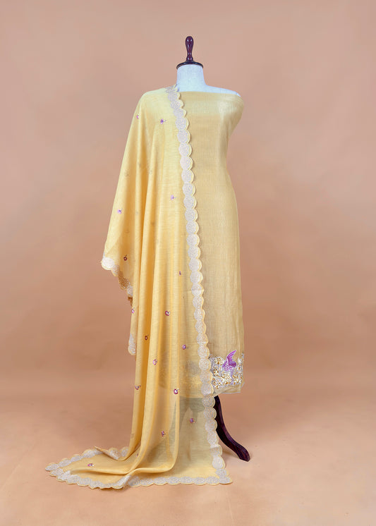 Light Yellow Flamingo Mulmul Tissue Unstitched Suit Fabric With Appliqué work