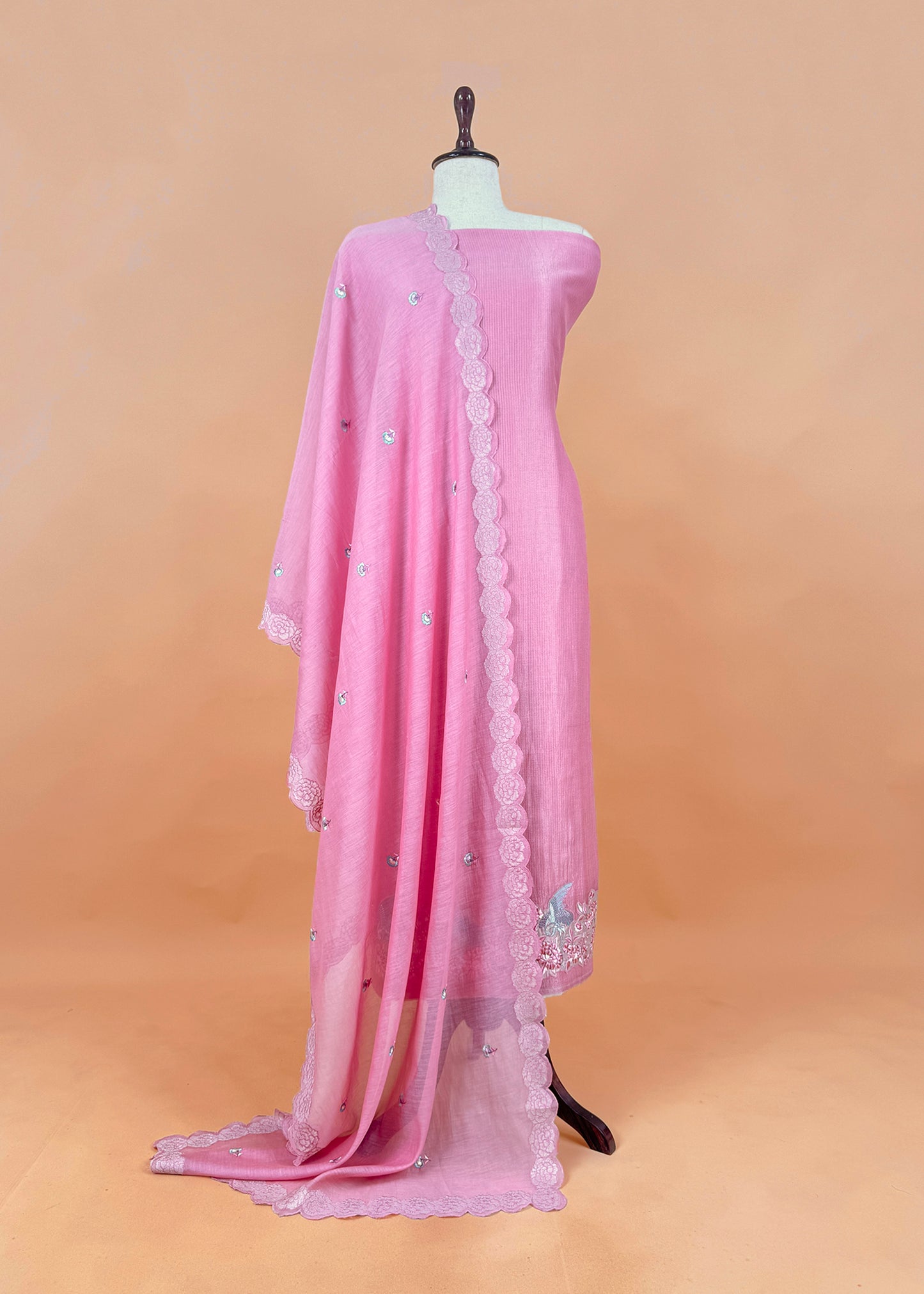 Pink Flamingo Mulmul Tissue Unstitched Suit Fabric With Appliqué Work