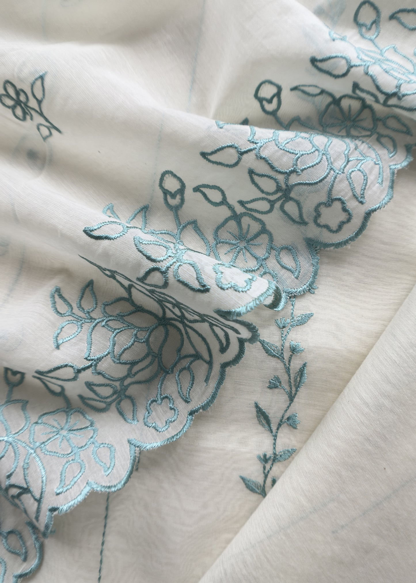 Turquoise And White Mul Chanderi Suit With Embroidery