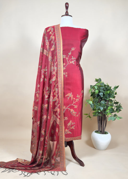 Red Handwoven Kani Silk Unstitched Suit